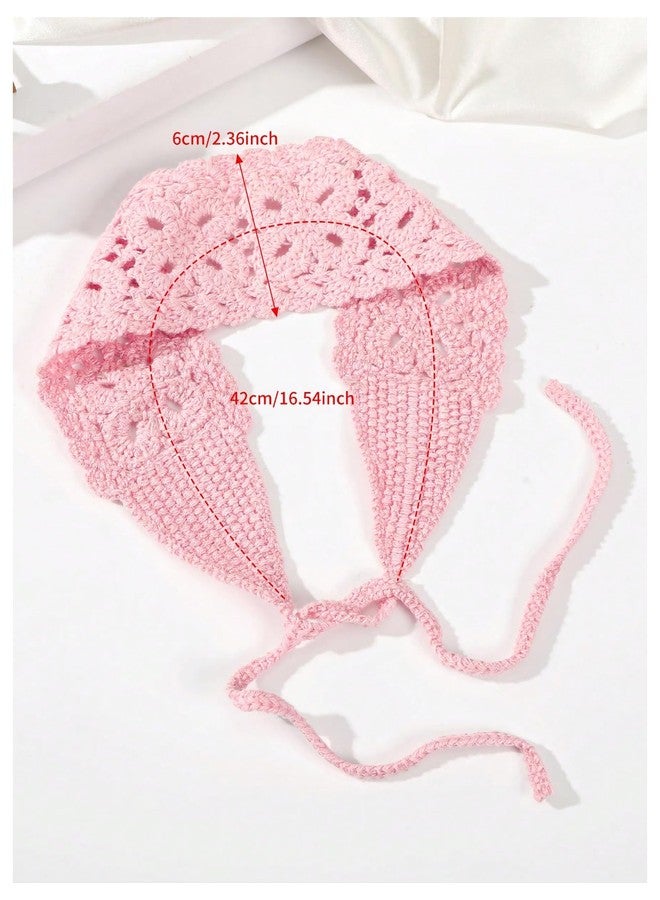 OYOANGLE Women's Boho Crochet Knit Hair Band Vintage Head Wrap Hair Bandanas Head Kerchief Pink One-Size - Image 4